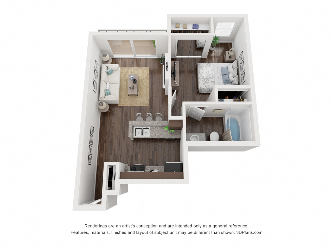 Floor plan for 1 bed, 1 bath, 647 sqft